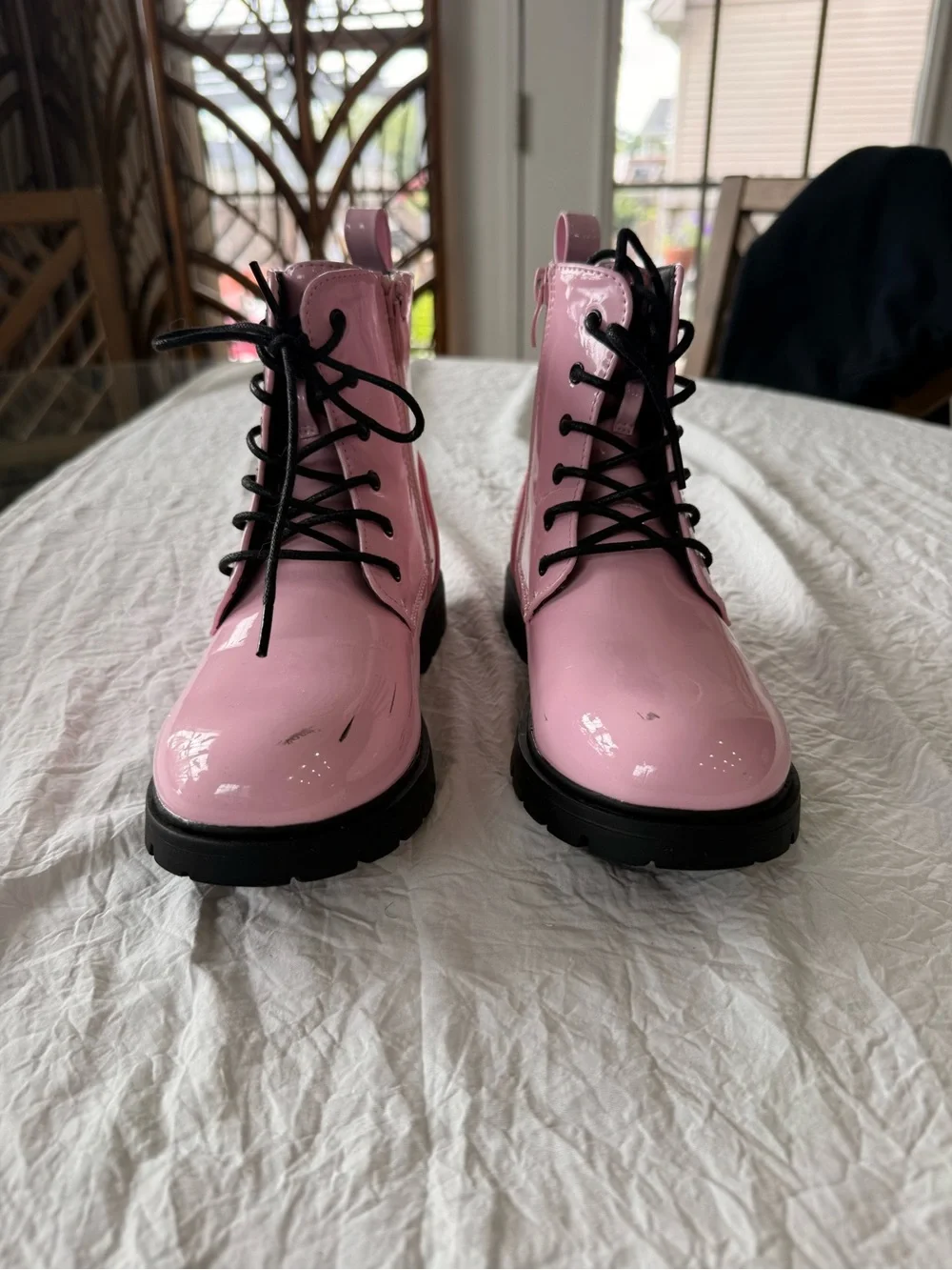 Dream Pairs Pink Patent Lace-Up Combat Boots with Black Soles